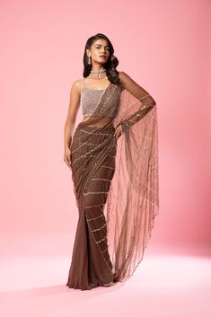 Featuring a coffee brown pre-stitched saree made of pure georgette and net with intricate hand-embroidery in the blouse and pallu. Off Shoulder Lehenga, Pre Draped Saree, Royal Blue Lehenga, Draped Saree, Stitched Saree, Raw Silk Lehenga, Yellow Lehenga, Blue Lehenga, Drape Saree