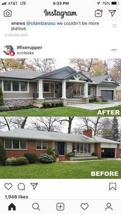 before and after photos of a house in the same photo, then on instagram