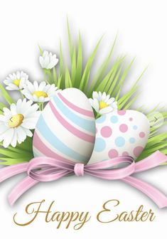 an easter card with eggs and daisies