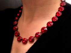 "Handcrafted Scarlet Red Rivoli Crystal Choker Necklace. * 14mm 1122 Rivoli Crystals Fashion Necklace. * Metal type: Antique Copper - High-Quality setting. * Nickel Lead-Free metal setting. * Crystal Color: Please choose from the drop menu. * Length: 16.5\" plus 2' adjustable chain extender. * All costume jewelry needs special treatment, therefore handle with care and avoid water, shampoo, or perfume. * Similar Style: Anna Wintour style." Tennis Choker Necklace, Antique Copper Jewelry, Red Crystal Necklace, Crystal Choker Necklace, Crystal Fashion, Swarovski Crystal Necklace, Swarovski Necklace, Anna Wintour, Crystal Choker