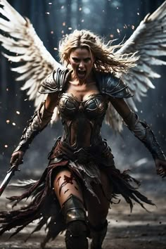 a woman dressed as a warrior with wings