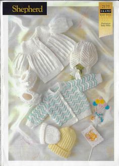 the knitting pattern for baby's knitted hats and mittens is shown in white