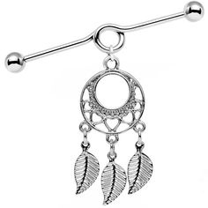 a silver plated belly ring with two feathers hanging from it's end and a circular