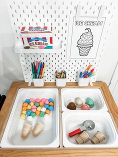 Ice cream themed sensory table! Ikea Sensory Table Ideas, Playroom Activities, Ice Cream Sensory Bin, Ice Cream Sensory, Sensory Table Ideas, Play Preschool, Table Activities, Flisat Table, Ikea Flisat