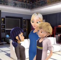 two women and a boy are standing in a living room, talking to each other