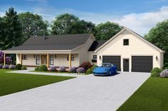 a blue car is parked in front of a white two - story house with garage