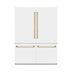 a white refrigerator freezer sitting next to two gold pulls on it's doors