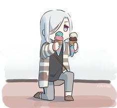 an anime character is eating ice cream and holding two cones in one hand while standing on the ground