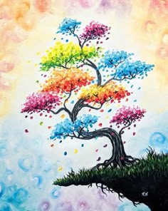 a painting of a tree with colorful leaves on it's branches and the sky in the background