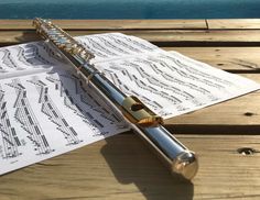 a flute resting on top of sheet music next to the ocean with water in the background