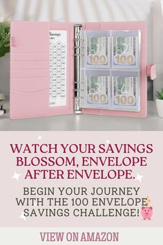 a pink wallet with money in it and the words watch your savings blossom envelope after envelope