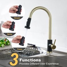 3 functions kitchen sink faucet with sprayer and soap dispenser