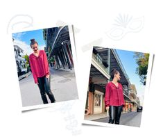 two photos of a woman wearing black leather pants and a pink shirt, with the caption's name on it