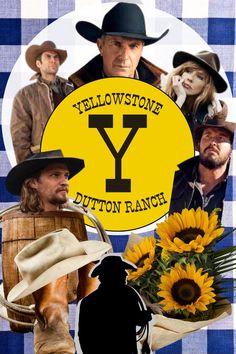 a collage of photos with cowboys and sunflowers in the center, including one man wearing a cowboy hat