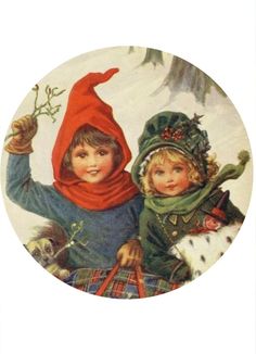 two children are standing in the snow with their arms around each other and one has a red hat on his head