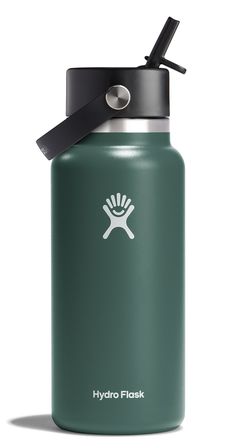 the hydro flask water bottle is green and has a black lid