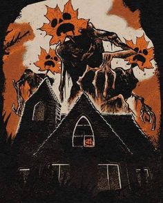 a black t - shirt with an image of a demon on top of a house