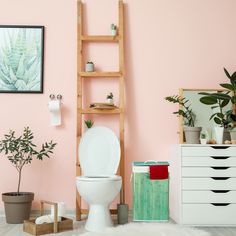 a white toilet sitting next to a tall wooden shelf filled with potted plants and boxes