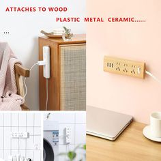 there are two pictures with different things in the same photo and one has a wooden sign that says, attachers to wood plastic metal ceramic ceramics