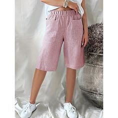 Season:Summer; Fabric:Linen Cotton Blend; Gender:Women's; Style:Casual Daily; Elasticity:Inelastic; Occasion:Going out,Weekend; Fit Type:Regular Fit; Function:Breathability,Comfortable; Pattern:Striped; Design:Elastic Waistband,Pocket; Pants Type:Shorts; Front page:FF; Listing Date:04/10/2024; Production mode:External procurement; Length:; Waist:; Fit US Size:; Fit UK Size:; Fit EU Size:; Pants Length:Knee Length; Print Type:3D Print Look Boho Chic, Type Of Pants, Patchwork Designs, Pants Length, Pocket Pants, Retro Art, Stripe Print, 3d Print, Black N Yellow