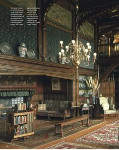 an ornately decorated living room with chandelier and bookshelves on the wall