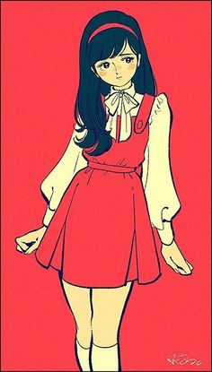 a drawing of a girl with long black hair wearing a red dress and bow tie