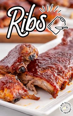 ribs on a plate with ketchup and barbecue sauce in the background text reads ribs