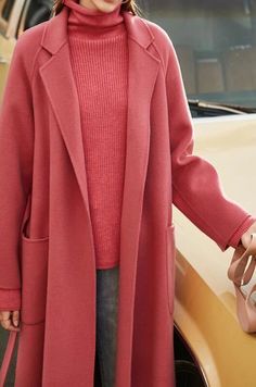 Pink Women Winter Black Long Women Wool Coat Jacket Waist Belt  #woolcoat#womenfashion#wooljacket#wintercoat#fallcoat Classic Coats For Women, Pink Wool Jacket, Women Wool Coat, Pink Wool Coat, Mode Mantel, Cashmere Fabric, Wool Coat Women, Long Coat Women, Long Wool Coat