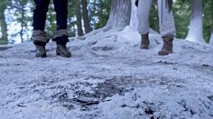 two people standing on top of a snow covered hill next to trees in the woods