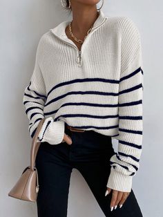 Pullover Outfit, Drop Shoulder Sweaters, Half Zip Sweaters, Women Sweater, Oversized Pullover, Casual Stripes, 가을 패션, Outfit Casual, Striped Sweater