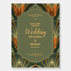 an art deco style wedding card with gold and green feathers on the front, along with a black background