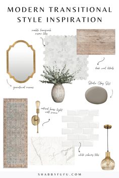 the modern interior design mood board with white and gold accents