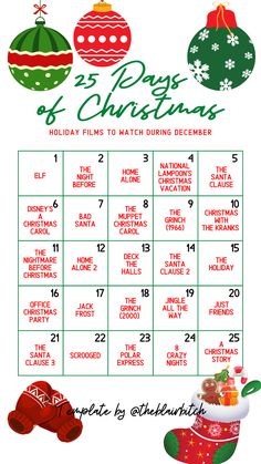 the 3 days of christmas calendar is shown in red, green and white with ornaments on it