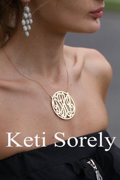 "Order your personalized monogram necklace as one of the kind keepsake to last for lifetime. Create amazing gift for any age. Necklace will be hand made by our talented jewelers using old style pretty script font. Design by Keti Sorely. Metal options: - 14K Yellow Gold Filled, (1/20th) - 14K Rose Gold Filled Monogram size: optional between 0.8\" to 2.5\" in diameter Chain size: 18\". If you need shorter size please write under \"Note to Seller\" The model is wearing a 2\" monogram on a 16\" chai Classic Customized Round Jewelry, Customized Classic Round Jewelry, Signature Gold Jewelry With Initials, Gold Signature Jewelry With Initials, Elegant Customizable Sterling Silver Initial Necklace, Elegant Gold Initial Necklace With Name Detail, Elegant Gold Initial Necklace With Custom Name, Personalized Oval Jewelry With Initials, Oval Personalized Initials Jewelry