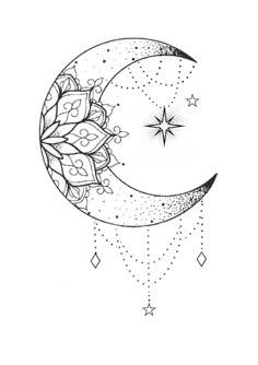 a drawing of a crescent moon with stars on the side and a star in the middle