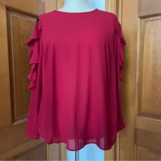 Size 14 Eloquii Red Blouse With Ruffle And Lace Sleeves. Nwt From Smoke Free And Pet Free Home. Like The Item But Not The Price?Make Me An Offer. Red Blouse, Red Blouses, Lace Sleeves, Black Red, Black And Red, Top Blouse, Blouses, Womens Tops, Pet