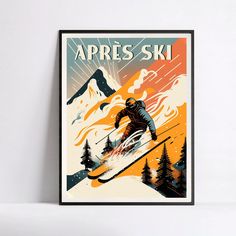 a ski poster with a skier going down a mountain in front of trees and mountains