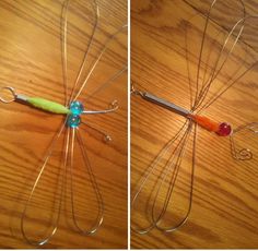 two pictures showing the same wire and plastic object on top of a wooden table, one with