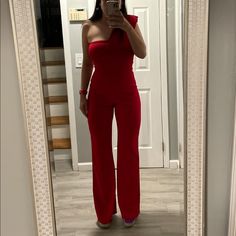 Never Worn, Size 6 Party Overalls With Fitted Stretch, Fitted Party Overalls, Fitted Overall Pantsuit For Party, Red Fitted Pants For Evening, Fitted Pantsuit For Party, Evening Fitted Red Pants, Red Pants For Summer Evening, Red Pants For Summer Evening Events, Elegant Red Overall Jumpsuit/romper