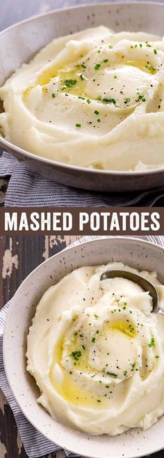 mashed potatoes in a bowl with a spoon on the side and an image of mashed potatoes