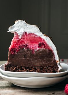 a slice of chocolate and raspberry pie on a plate