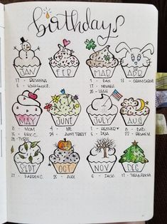 an open notebook with cupcakes on it and the words birthday written in different languages