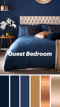 a bedroom with blue walls and gold accents