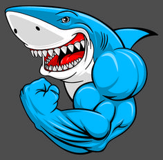 a cartoon shark flexing his muscles and showing off it's big teeth,