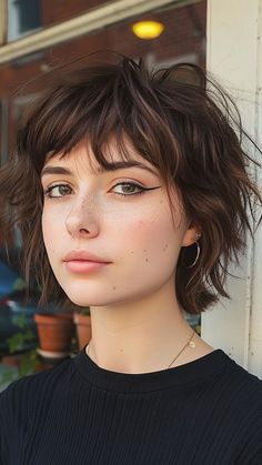 28 Whimsical Feathered Haircut Trends for the Free Spirit Fringe Layered Bob, Short Layered Bangs Haircut, Curtain Bangs Shag Haircut Short, Short Shag Oval Face, Pixie Hairstyles For Oval Faces, Long Face Short Haircut, Short Shag Curtain Bangs, Long Pixie Wavy Hair, French Bob With Bangs Oval Face