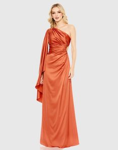 One Shoulder Bell Sleeve Draped Gown - FINAL SALE One Sleeve Gown, Asymmetrical Prom Dress, Formal Prom Dresses Long, Charmeuse Fabric, Colorful Dresses Formal, Drape Gowns, Accessories Making, Plus Size Cocktail Dresses, Long Sleeve Dress Formal