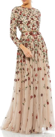 Mac Duggal Floral Sequin A-Line Gown | Nordstrom Weekend Fashion, Beautiful Dress Designs, Floor Length Gown, Chiffon Gown, Mac Duggal, High Neck Long Sleeve, A Line Gown, Wedding Weekend, Floor Length Dresses