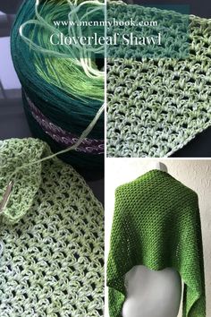 crocheted shawl with green and white yarn on top, next to it is a ball of yarn