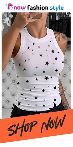 Fashion Sexy Star Print White Tank Top Summer Tops With Star Print For Night Out, Casual Party Top With Star Print, Casual Star Print Tops For Party, Y2k Crop Top, Black Stars, Printed Tank Tops, Print Tank, White Tank Top, American Women