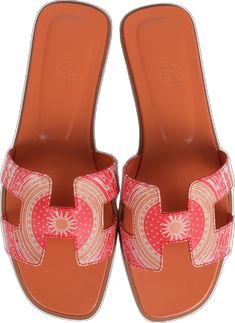 Designer Multicolor Sandals, Orange Leather Open Heel Mules, Luxury Orange Sandals With Removable Insole, Designer Orange Sandals With Round Toe, Luxury Orange Leather Sandals, Designer Summer Mules With Leather Lining, Summer Flat Heel Calf Leather Mules, Hermes Oran Sandals, Hermes Oran